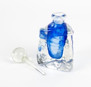 CHRIS PANTANO blue sommerso Australian art glass scent bottle of triangular form, incised "Chris Pantano", 14.5cm high