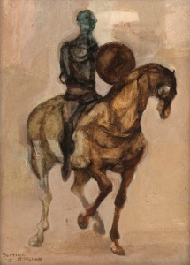 BETTINA McMAHON (1930 - ), Dark Warrior, oil on board, signed lower left "Bettina McMahon, '67", 35 x 26cm, 52 x 43cm overall