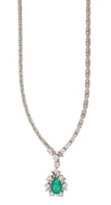 An 18ct white gold necklace with emerald and white diamond pendant, 20th century, stamped "750" with maker's marks, ​​​​​​​41cm long, 15 grams total