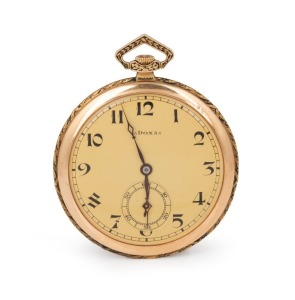DOXA antique French 14ct gold cased pocket watch with subsidiary seconds dial and Arabic numerals, circa 1905, 6cm high overall including bow, 61.8 grams total including movement