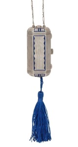 An antique silver and blue enamel lady's evening purse fitted with compartments and ivory dance card, plus original blue silk tassel, early 20th century, ​​​​​​​40cm high overall, 100 grams total