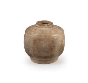 A Chinese ceramic pot, possibly shipwreck, with remains of faded blue decoration, Ming Dynasty, 16th century or earlier, 8cm high