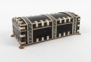 An antique Indian Vizagapatam&nbsp;ware ivory and timber&nbsp;jewellery casket with lion paw feet and dome top, 19th century, 9cm high, 26cm wide, 12cm deep