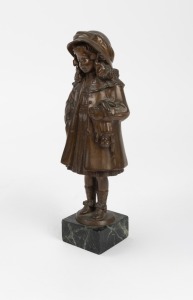 An antique French bronze statue of a young girl carrying a dog, mounted on green marble base, circa 1900, 22.5cm high