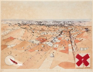 TIMOTHY AUSTIN STORRIER (b.1949), Points to slash with the interior rag, etching with original hand-colour and applied fabric patch, editioned 68/75 lower left, titled lower centre, signed and dated lower right "Tim Storrier 15-4-76", 44.5 x 60cm; framed 