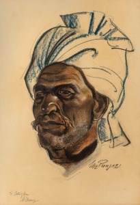 ARTIST UNKNOWN,&nbsp; The Punjabi,&nbsp; charcoal and pastel on paper,&nbsp; titled lower right,&nbsp; endorsed and signed lower left (illegible), 52cm x 35cm, 76cm x 54cm overall