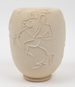 RATHJEN cream glazed pottery vase with cowboy decoration, incised "Rathjen", 20.5cm high