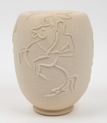 RATHJEN&nbsp;cream glazed pottery vase with cowboy decoration, incised "Rathjen", 20.5cm high