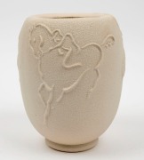 RATHJEN&nbsp;cream glazed pottery vase with cowboy decoration, incised "Rathjen", 20.5cm high - 2