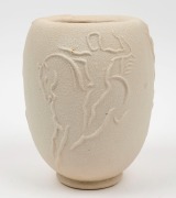 RATHJEN&nbsp;cream glazed pottery vase with cowboy decoration, incised "Rathjen", 20.5cm high - 3