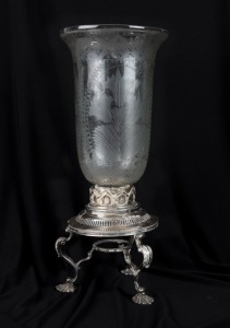 An antique silver plated lamp with engraved glass shade, 19th century, 37cm high