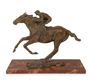 A cast bronze horse racing statue on Sienna marble base, 20th century, 32cm high, 40cm wide