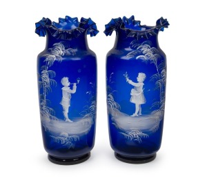 MARY GREGORY pair of cobalt blue mantle vases, 19th century, 35cm high