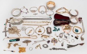 COSTUME JEWELLERY&nbsp;including bangles, miniature guitar ornament in case, Italian silver necklace, silver cross pendant, brooches, cufflinks, rings, etc. (qty)