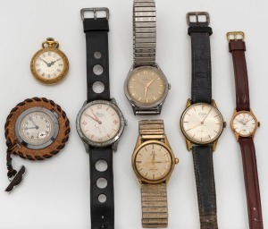 Seven assorted vintage watches including an ARETTA&nbsp;lady's watch in&nbsp;18ct gold cased, OMEGA "SEAMASTER", OMEGA wristwatch in steel case, fob watch, etc, 20th century.