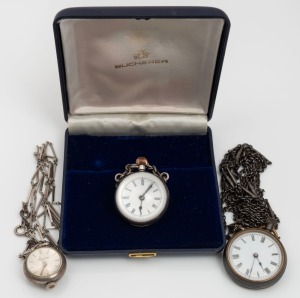 Three assorted vintage and antique watches, comprising a steel cased lady's pocket watch on a steel chain, an unusual spherical cased hanging watch, and a metal cased nurse's watch on metal chain.