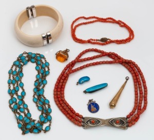 A vintage carved ivory bangle, two coral bead necklaces with silver and silver gilt clasps, a turquoise glass bead necklace, antique citrine&nbsp;swivel fob, antique enamel coin pendant, antique gold plated earring drop, blue enamel and silver pen knife and ma