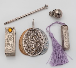 Sterling silver and ivory dance card chatelaine piece, silver swizzle stick, silver pendant with fold-out photo compartments, and two silver cosmetics cases, 19th/20th century, (5 items), the largest 9cm long