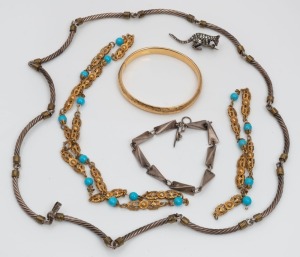 A Mexican silver necklace, a Scandinavian style silver bracelet, a silver and rhinestone kangaroo brooch, a 9ct gold bangle (8.7 grams), and a Bohemian gilt metal and turquoise glass bead necklace and matching bracelet, 20th century, (6 items).