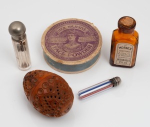Antique glass scent bottle, pill bottles, antique powder box, and a carved nut egg shaped box, 19th/20th century, (5 items), ​​​​​​​the largest 7cm high