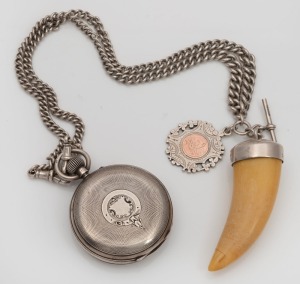 ROTHERHAMS&nbsp;antique English full hunter sterling silver cased pocket watch&nbsp;on a sterling silver fob chain with sterling silver and rose gold fob, plus a silver mounted tiger's tooth fob, 19th century.
