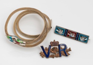 An antique silver gilt micro mosaic brooch, a silver and enamel snake bracelet, and a gilt metal and enamel brooch with Queen Victoria "V.R." and crown decoration, 19th/20th century, (3 items), the micro mosaic brooch 4.7cm wide