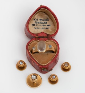 An antique 18ct gold and moonstone ring (5 grams) housed in a scarlet leather heart shaped box together with four assorted gold and moonstone studs, 19th/20th century, (5 items), ​​​​​​​11.7 grams total.