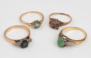 Four antique vintage gold rings with diamonds, jade, sapphire, amethyst and tourmaline, (some stones missing), 19th/20th century, 11.1 grams total