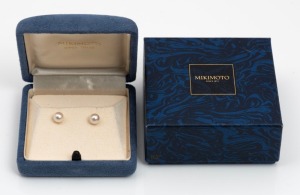 MIKIMOTO&nbsp;pair of Japanese cultured pearl stud earrings, set in yellow gold, housed in original blue plush case and box,&nbsp;
