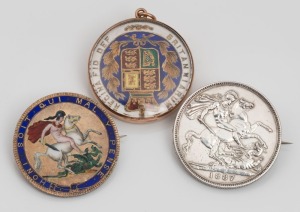 An 1844 English silver crown with gilt finish and enamel overlay mounted in 9ct rose gold as a pendant, together with an 1818 Georgian silver crown with enamel highlights mounted as a brooch, and an 1887 English silver crown coin mounted as a brooch, 19th