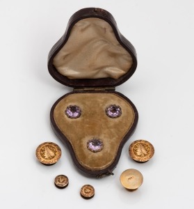 A set of three antique gold and purple stone buttons in original plush fitted box, together with 5 assorted 9ct gold buttons (4.5 grams total)