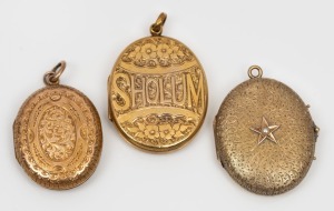 Three antique lockets comprising of a 14ct gold bright cut engraved example without interior,&nbsp;an example marked '560' with seed pearl adornment and engraved decoration and&nbsp;a gold plated example emblazoned "SHOLUM",19th/20th century, the largest 4cm high