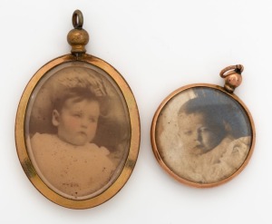 Two double-sided antique photo pendants, set in 9ct gold and rolled gold, 19th/20th century, ​​​​​​​3.5cm and4.5cm high each overall.