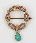 An antique 15ct gold brooch, set with seed pearls and turquoise drop, 19th century, stamped "15ct", ​​​​​​​3.5cm high, 4.4 grams