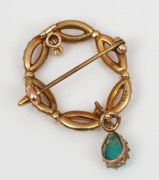 An antique 15ct gold brooch, set with seed pearls and turquoise drop, 19th century, stamped "15ct", ​​​​​​​3.5cm high, 4.4 grams - 2