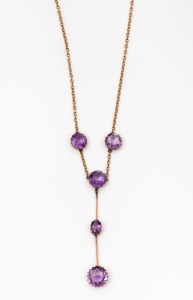An antique 9ct rose gold and purple stone negligee necklace, early 20th century, the chain section 42cm long, 5.6 grams total.