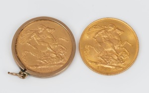 An 1896 22ct gold sovereign mounted as a pendant in 9ct gold (9 grams total), together with a 1913 22ct gold sovereign, (2 items), ​​​​​​​17 grams total