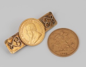 An 1883 22ct gold sovereign, together with a South African half Pond 22ct gold coin mounted in 9ct gold as a brooch, (2 items), 14.7 grams total