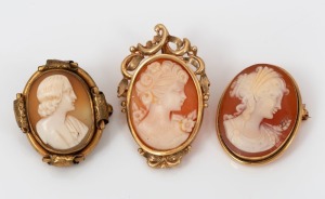 Three antique cameo brooches, two mounted in 9ct gold with other in gold plate, 19th/20th century, ​​​​​​​the largest 3.8cm high.