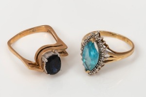 A vintage 9ct gold and sapphire ring, together with a 9ct gold and blue topaz ring, 20th century, (2 items), ​​​​​​​8.2 grams total.