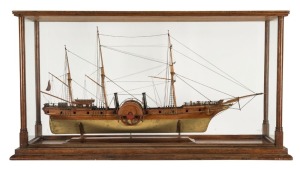 An antique Australian model steam powered sailing ship, housed in a period Australian cedar and glass display case, 19th century, 57cm high, 105cm wide, 30cm deep
