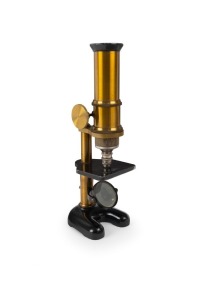 19th-century brass and steel microscope, 21cm at highest setting,&nbsp;in timber box.
