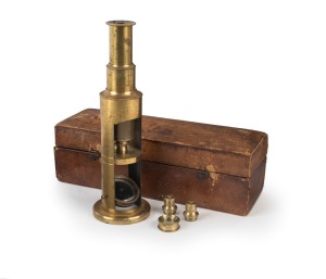 Drum-style brass microscope, 21.5cm at highest setting, in wooden box with three additional aperture elements.