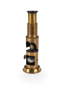 Drum-style brass microscope, 19cm at highest setting, in wooden box with tweezers.