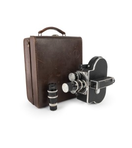 BOLEX-PAILLARD: H16 Leader 16mm movie camera [#70749], c. 1950s, with Yvar 75mm f2.8/Yvar 16mm f2.8/Pizar 26mm f1.9 lenses and all front and rear lens caps. Offered in matching leather case with Yvar 100mm f3.3 lens in pouch, Switar&nbsp;5.5mm f1.6 lens with b