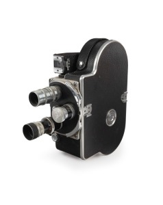 BOLEX-PAILLARD: H8-type double-8 movie camera [#31899], c. 1950s, with external frame counter, Yvar 12.5mm f2.5/Yvar 36mm f2.8/Cine-Tel 38mm f2.5 lenses, one lens cap, two lens hoods, one lens filter, and viewfinder attachment.