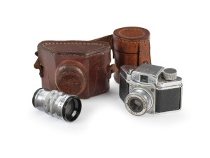 KONICA: Snappy subminiature camera, c. 1949, with Optor 25mm f3.5 lens, 'Made in Occupied Japan' imprint, 'Cherry Tele for Snappy' 40mm f5.6 lens with rear cap, and leather cases for both camera and tele lens.