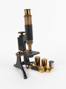PICKARD, CURRY & CO.: 19th-century brass and steel microscope, 34.5cm at highest setting, in timber box with three additional optical elements.