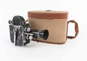 BOLEX-PAILLARD: H8 T 8mm movie camera [#168818], c. 1959, with Som Berthiot Pan-Cinor 8-40mm f1.9/Yvar 36mm f2.8/Yvar 13mm f1.9 lenses,&nbsp;two lens caps, lens filter, and lens hood. Offered in leather case with printed matter and film spool, crank, etc.