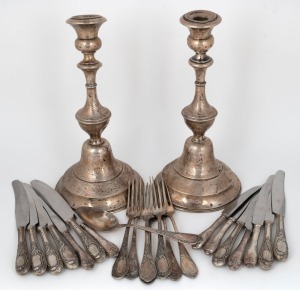 A pair of antique Austrian silver&nbsp;sabbath candlesticks marked&nbsp;Budfeld, together with a mix of Russian silver and silver plated cutlery the majority with Kokoshnik&nbsp;Kiev mark 875, 19th and 20th century, (23 items), the candlesticks&nbsp;31cm high, weight of the 
